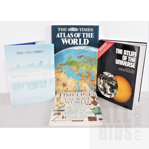 Quantity Four Atlases Including Times Atlas of the World, Patrick Moores Atlas of the Universe and More