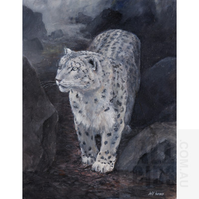 Jeff Isaacs (born 1936), Snow Leopard, Oil on Canvas, 45.5 x 35.5 cm