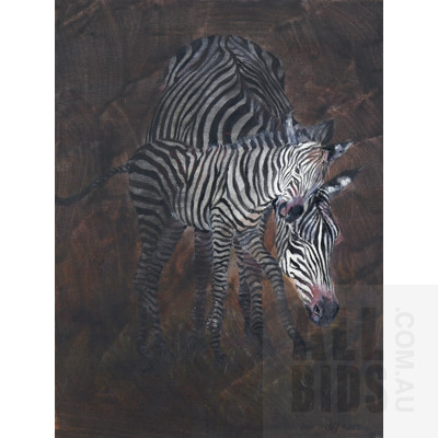 Jeff Isaacs (born 1936), Zebra & Foal, Oil on Canvas, 40 x 30 cm