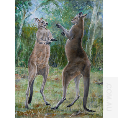 Jeff Isaacs (born 1936), Sparring Kangaroos, Oil on Canvas, 40 x 30 cm