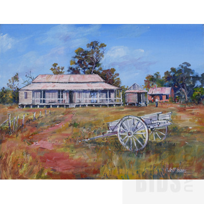 Jeff Isaacs (born 1936), Pioneer Homestead at Raspberry Creek, Oil on Canvas, 30 x 40 cm