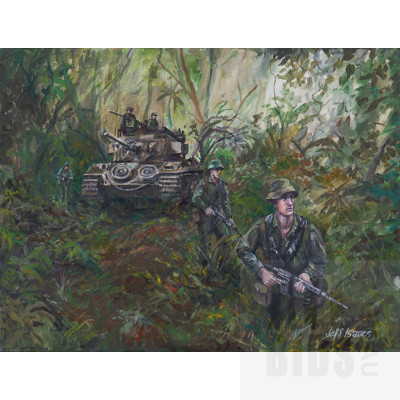 Jeff Isaacs (born 1936), Armoured Regiment in Vietnam, Oil on Canvas, 30 x 40 cm
