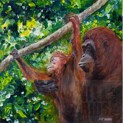 Jeff Isaacs (born 1936), Orangutan Learning the Ropes, Oil on Canvas, 30 x 30 cm