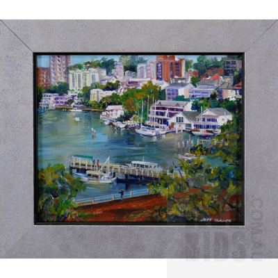 Jeff Isaacs (born 1936), Lavender Bay, Sydney, Oil on Board, 15 x 17 cm
