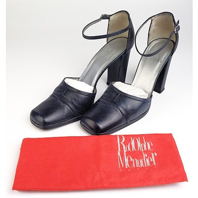 Rodolphe Menudier Paris Navy Blue Ankle Strap Shoes in Lizard Embossed Leather with Block Heel - In Original Box with Original Dust Bag