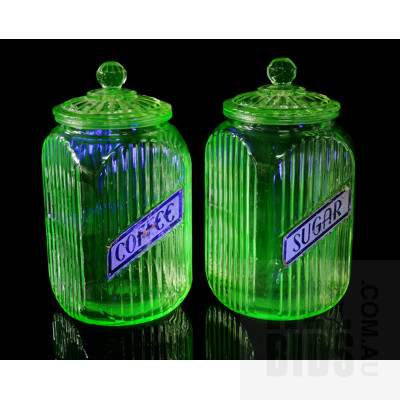 Two Vintage Large Uranium Glass Sugar and Coffee Jars