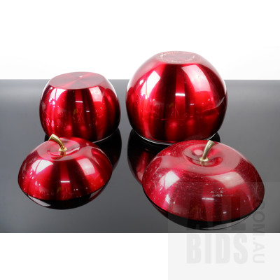 Two Retro red Anodised Tin Apple Form Jars, Including Daydream