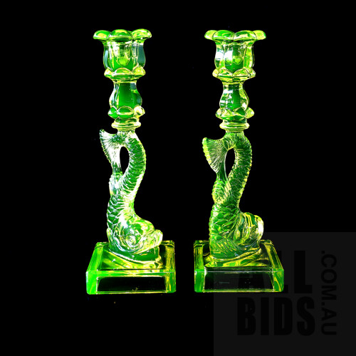 Pair of Uranium Glass Neoclassical Style Dolphin Form Candlesticks