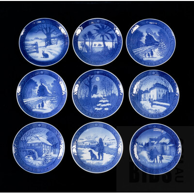 Nine Vintage Royal Copenhagen Cabinet Plates, Including Winter Twilight, Immervad Bridge, In the Desert and More