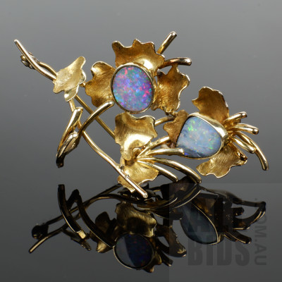 Vintage Gold Plated Opal Doublet Floral Brooch