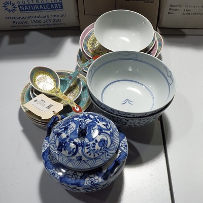 Assorted Chinese Service Ware including Blue and White Lidded Pot and Part Meal Setting