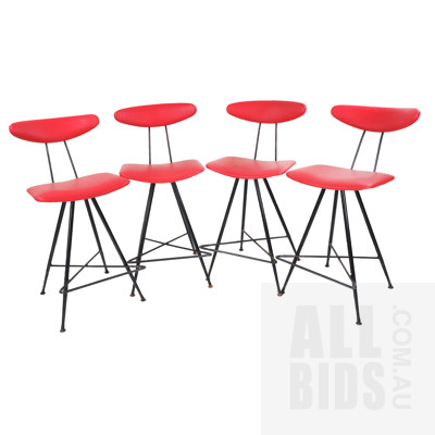 Four Retro Wallace Furniture Bar Stools with Black Metal Frames and Red Vinyl Upholstery