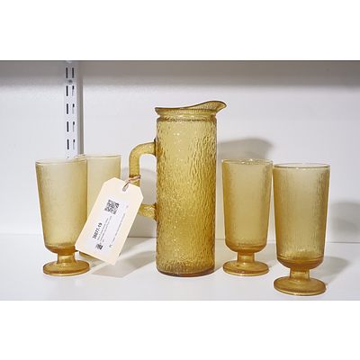 Retro Frosted Amber Glass Lemonade Jug and Four Tumblers