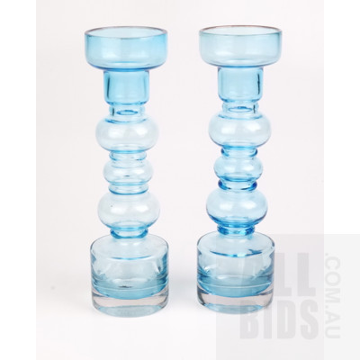 Pair of Retro Blue Studio Glass Candle Holders