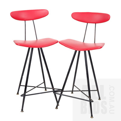 Pair of Retro Bar Stools with Black Metal Frames and Red Vinyl Upholstery, Probably Wallace Furniture