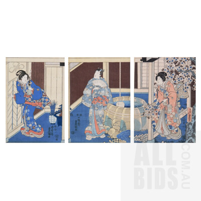 Toyokuni (1777-1835), Genji Triptych, Antique Japanese Woodblock Prints, each 35 x 25 cm (3)