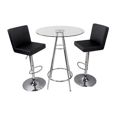 Contemporary Chrome and Glass Glass bar Table with Two Adjustable Stools