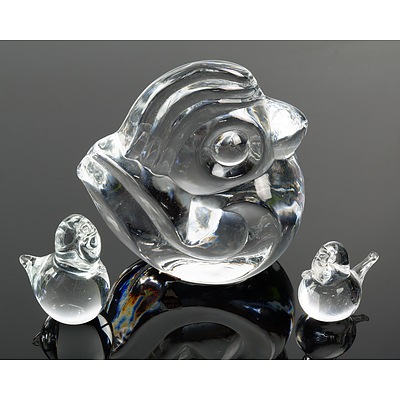 Orrefors Glass Bird Paperweight with Label and Initials to Base and two Small Glass Birds (3)