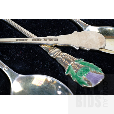 Vintage Set of Eight English Hallmarked Gilded Sterling Silver Teaspoons with Enamelled Scottish Thistle to Handlein Original Case