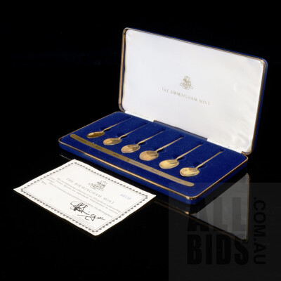 Vintage Set of Six Birmingham Mint 22 Ct Gold on Sterling Silver Flower Teaspoons with Enamelled Decoration in Case with Certificate
