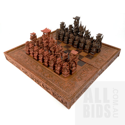 South East Asian Hand Carved Wooden Folding Chess Set with Pieces