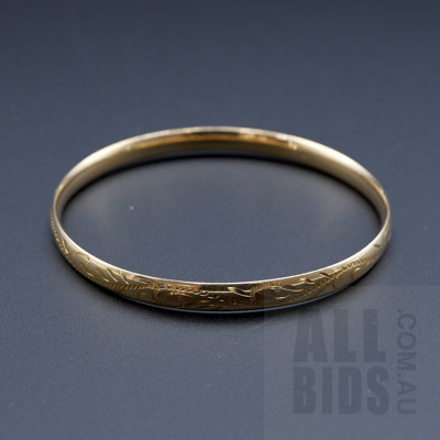 9ct Yellow Gold Bangle with Engraved Finish, 22.10g