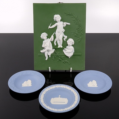 Three Small Wedgwood Jasperware Dishes and a Bisque Porcelain Plaque with Cherubs, Signed Verso G Sila