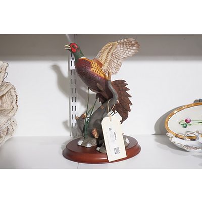 Hand Painted Porcelain Pheasant Figurine on Timber Stand by A J Rudisill for Franklin Mint Circa 1991