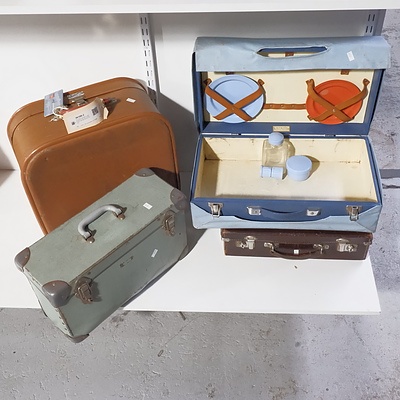 Two Retro Suitcases, Leather Bound Case and Coracle Picnic Case with Some Contents