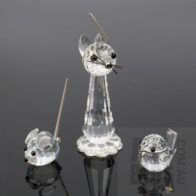 Swarovski Crystal and Silver Cat, Crystal Bird and Mouse - All in Original Canisters