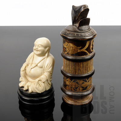 Vintage Timorese Hand Carved Bamboo Lime Container and a Resin Buddha Figurine on Wooden Base (2)