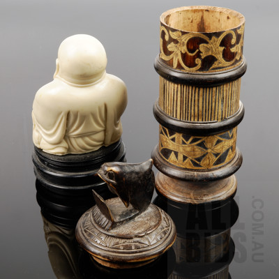 Vintage Timorese Hand Carved Bamboo Lime Container and a Resin Buddha Figurine on Wooden Base (2)