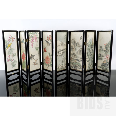 Two Vintage Chinese Four Panel Table Screens with Hand Painted Silk Panels (2)