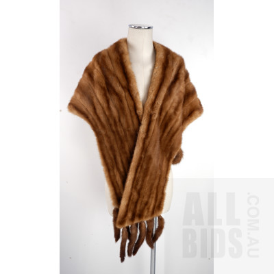 Vintage Siberian Brown Mutation Mink Fur Stole with Tassels, Pockets and Silk Lining