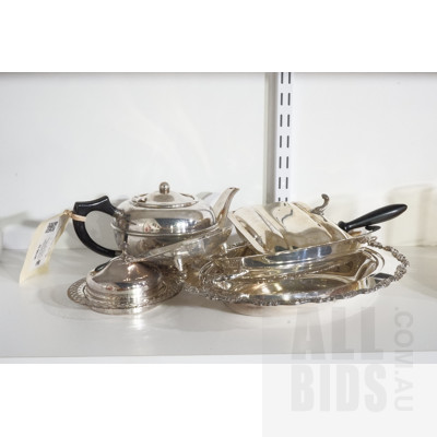 Assorted Vintage Silverplate Collectibles including Perfection Teapot and Handled Crumb Tray
