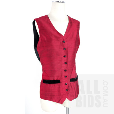Vintage Cherry Red Shot Silk Fronted Vest with Velvet Trim and Belted Back Circa 1980s