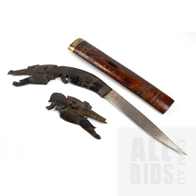 Large South East Asian Souvenir Dagger with Carved Horn Handle, Engraved Blade and Brass & Timber Sheath
