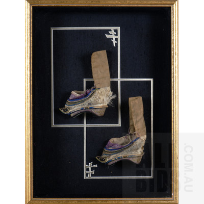 Framed 19th Century Embroidered Silk Shoes for Bound Feet, 47 x 34 cm (overall)