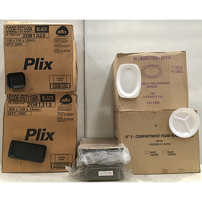 Assorted Recyclable Styrofoam Service Plates And Cardboard Pizza Boxes