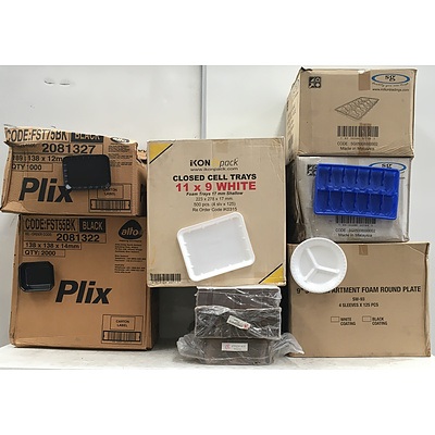 Assorted Recyclable Styrofoam Service Plates, Oyster Trays And Cardboard Pizza Boxes