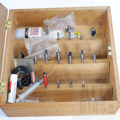 Glass-Fronted Timber Case with a Selection of Assorted Router Bits, Including Carb I Tool