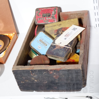 Rustic Timber Ammunition Crate with a Selection of Vintage Tobacco Tins