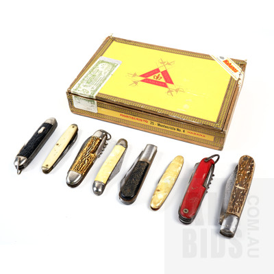 Vintage Vintage Cigar Box with Eight Various Pocket Knives
