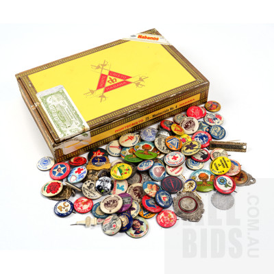 Vintage Cigar Box with a Collection of Charity and other Badges and Pins