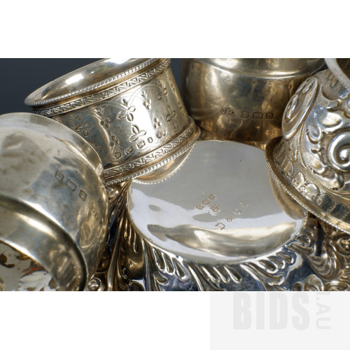 Four English Sterling Silver Serviette Rings and a Small Trinket Dish, 113g Total