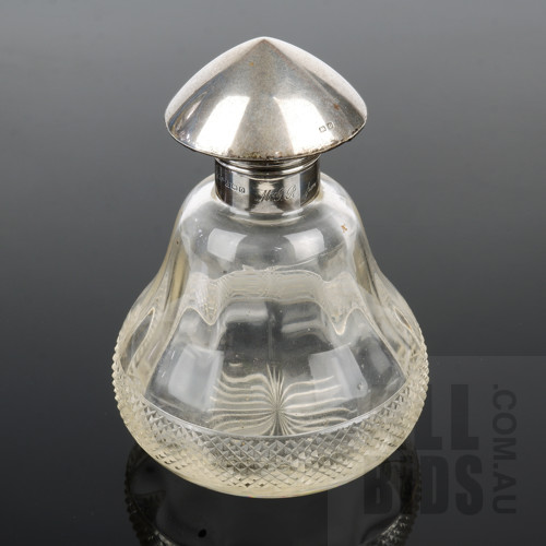 Sterling Silver Mounted Cut Glass Perfume or Cologne Bottle, Birmingham 1916
