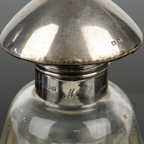 Sterling Silver Mounted Cut Glass Perfume or Cologne Bottle, Birmingham 1916