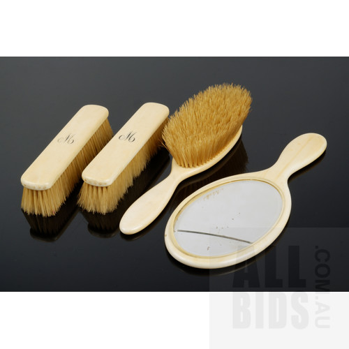 Three Antique Ivory Brushes and a Vanity Mirror (Cracked Glass), Early 20th Century