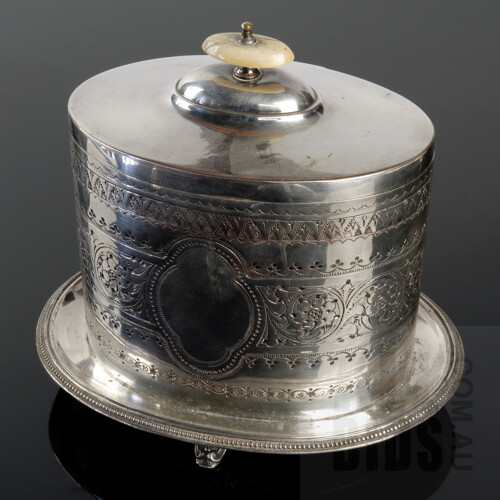 Late Victorian Silver Plate Biscuit Barrel with Engraved Decoration and Ivory Finial
