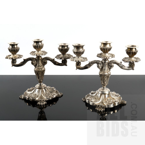 Pair of Heavy Cast and Engraved Antique Silver Plated Candelabra